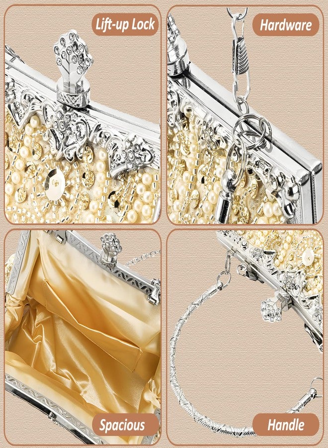 WRINGKIT 1920s Vintage Evening Bag, Champagne Beaded Clutch Purse for Woman, Elegant Rhinestone Clutch Crossbody Bag with Sequin Pearl, Evening Handbag Shoulder for Formal Bridal Wedding Party Prom - Image 3